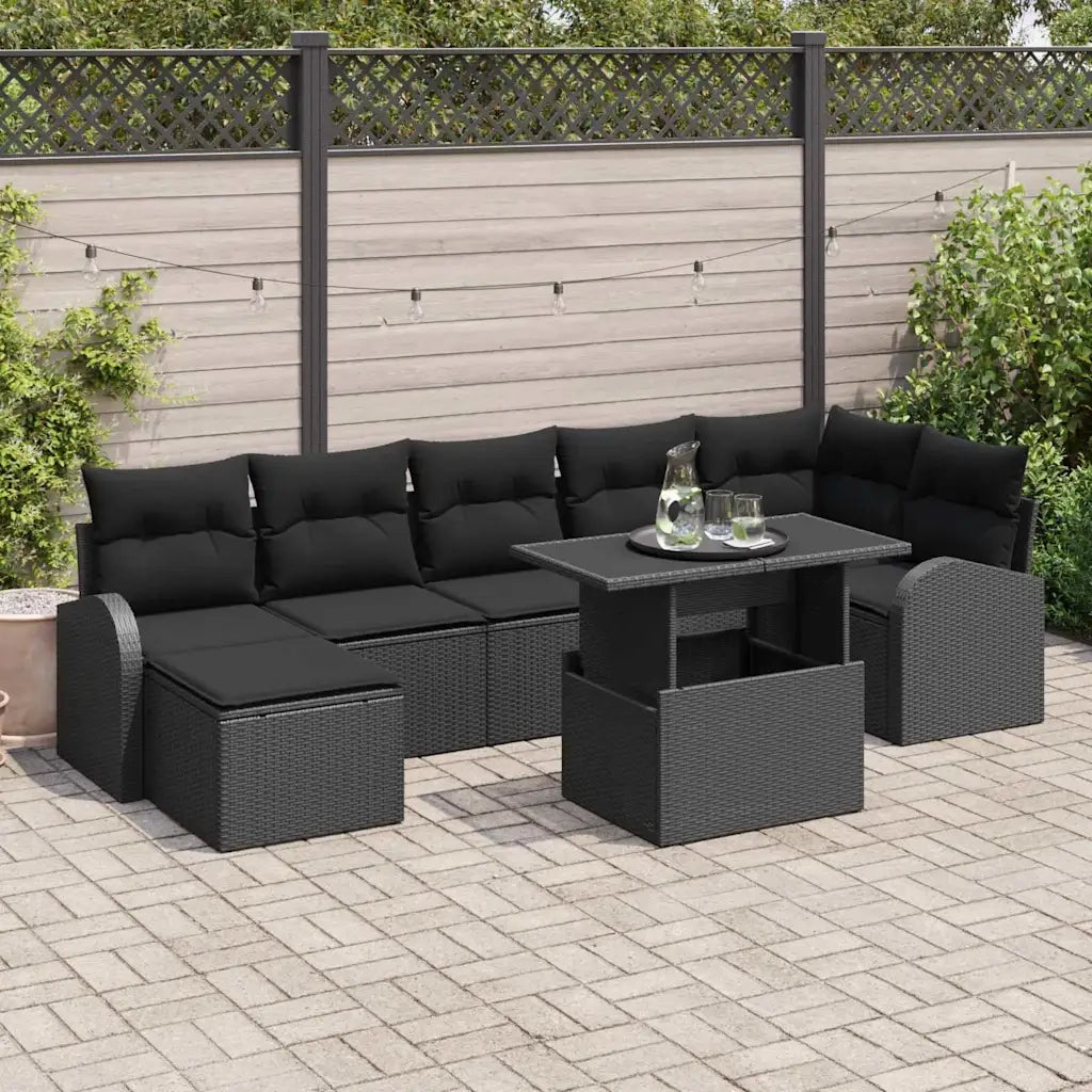 Set Divano da Giardino con cuscino 8 pcs Nero Poly Rattan