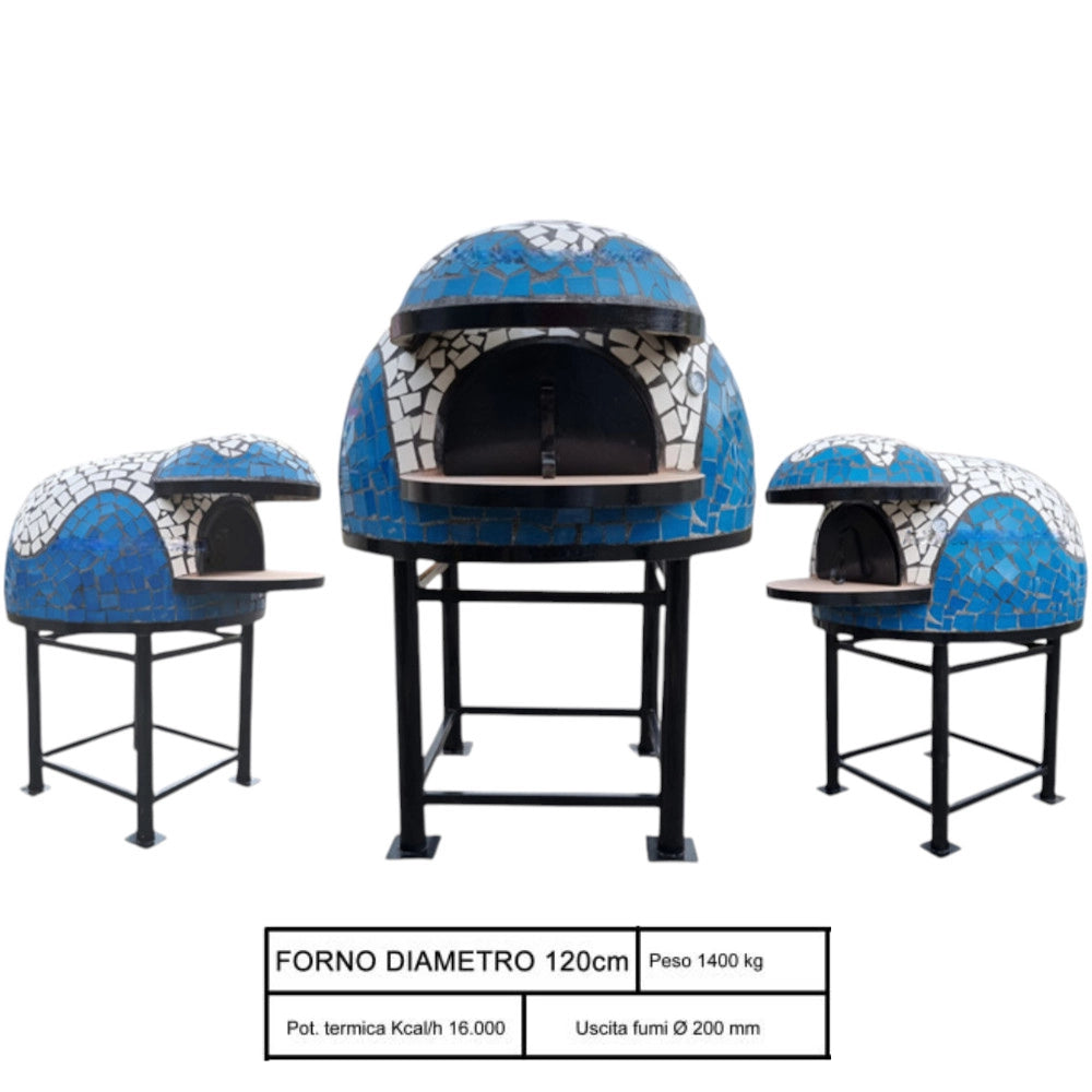Forno a legna artigianale 120 cm capienza 5 pizze wave bianco azzurro con base