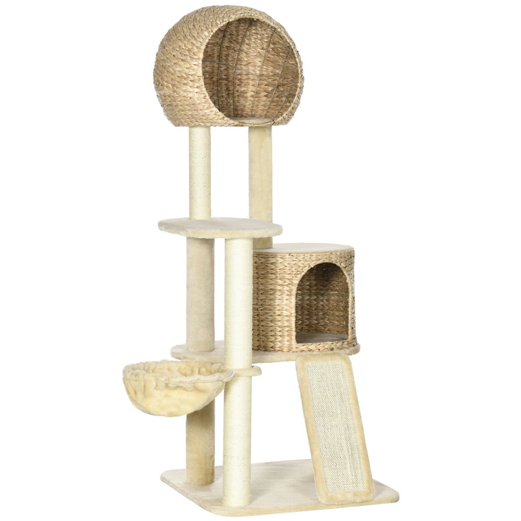 Tiragraffi con casetta in rattan, piattaforme multiple, amaca e rampa, dispositivo antiribaltamento, morbido, beige, 60 x 60 x 150 cm