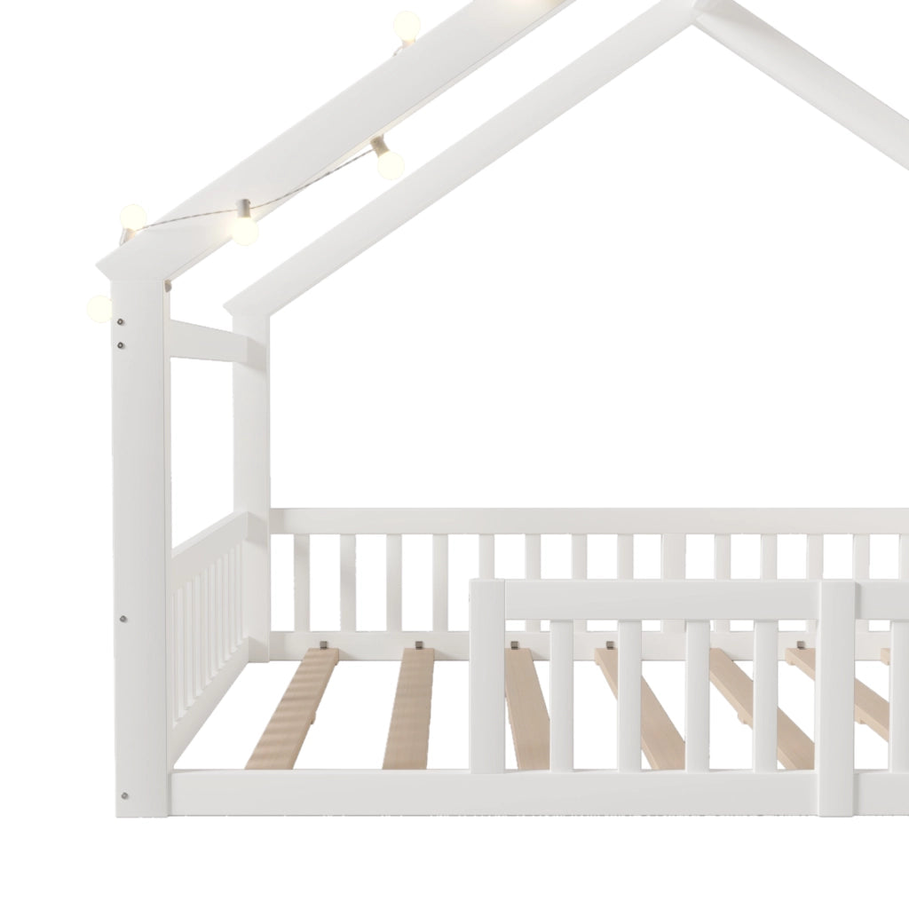 OKWISH Letto Bambini 140×190 cm, Letto Singolo con Sponde, LED e Mensole, senza Materasso, in Pino e MDF, Bianco