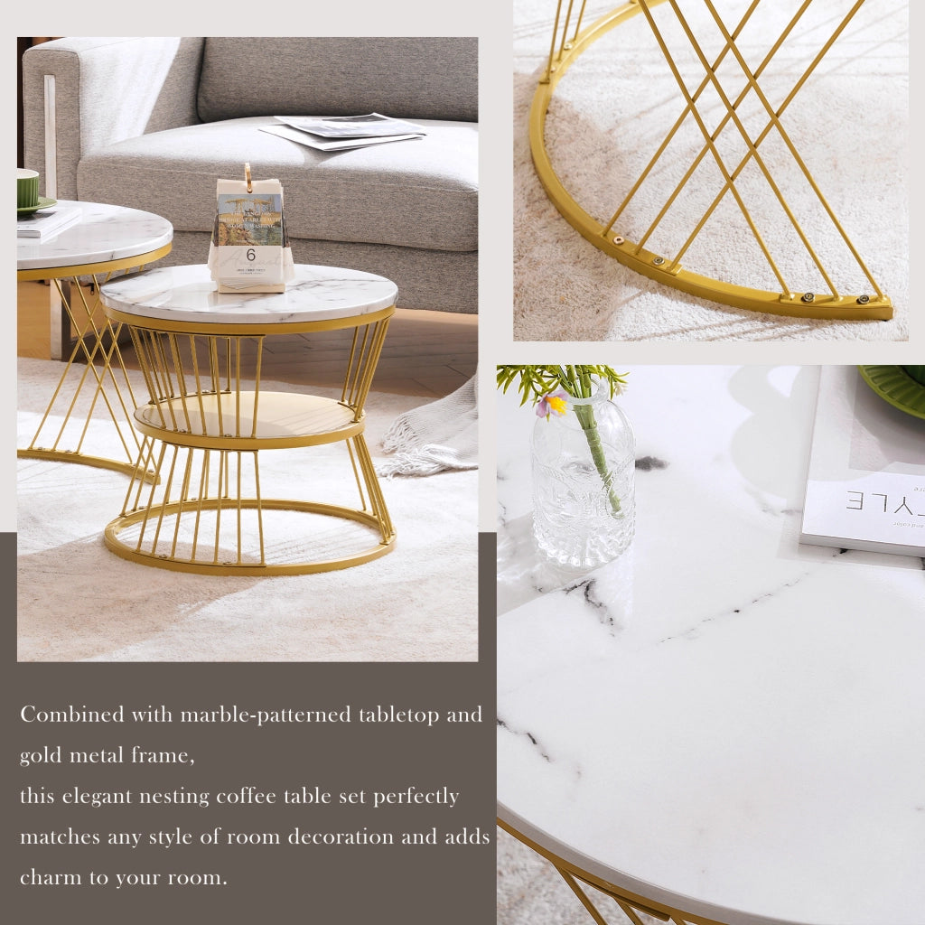 OKWISH Tavolini Bassi Impilabili Rotondi con 2 Piani, Piedini Regolabili, Finitura Lucida, per Soggiorno, MDF, Bianco
