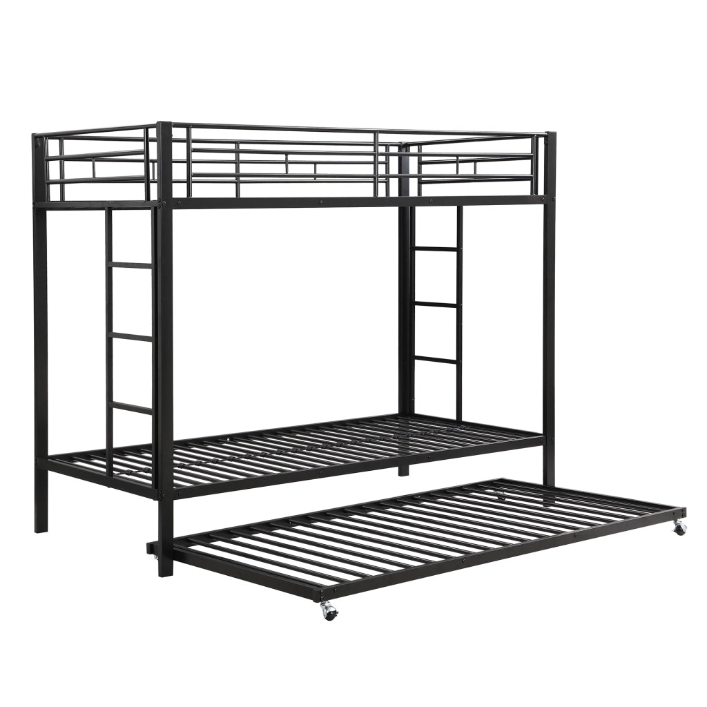 Letto a castello in metallo con letto estraibile; sponde alte e doghe; certificato EN747; nero; 90x200 cm