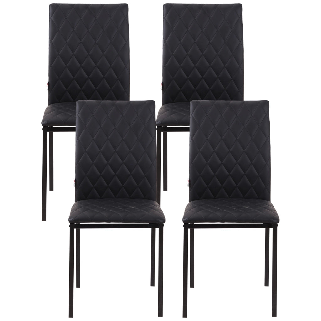 Set 4 Sedie da Pranzo in Finta Pelle con Cuciture a Rombi e Gambe in Metallo, Nero