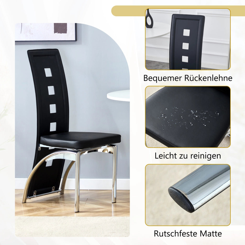[Set di 2] Sedie da pranzo di design europeo con motivo traforato, in similpelle nera e gambe in metallo color argento, altezza 102,5 cm, ideali per s