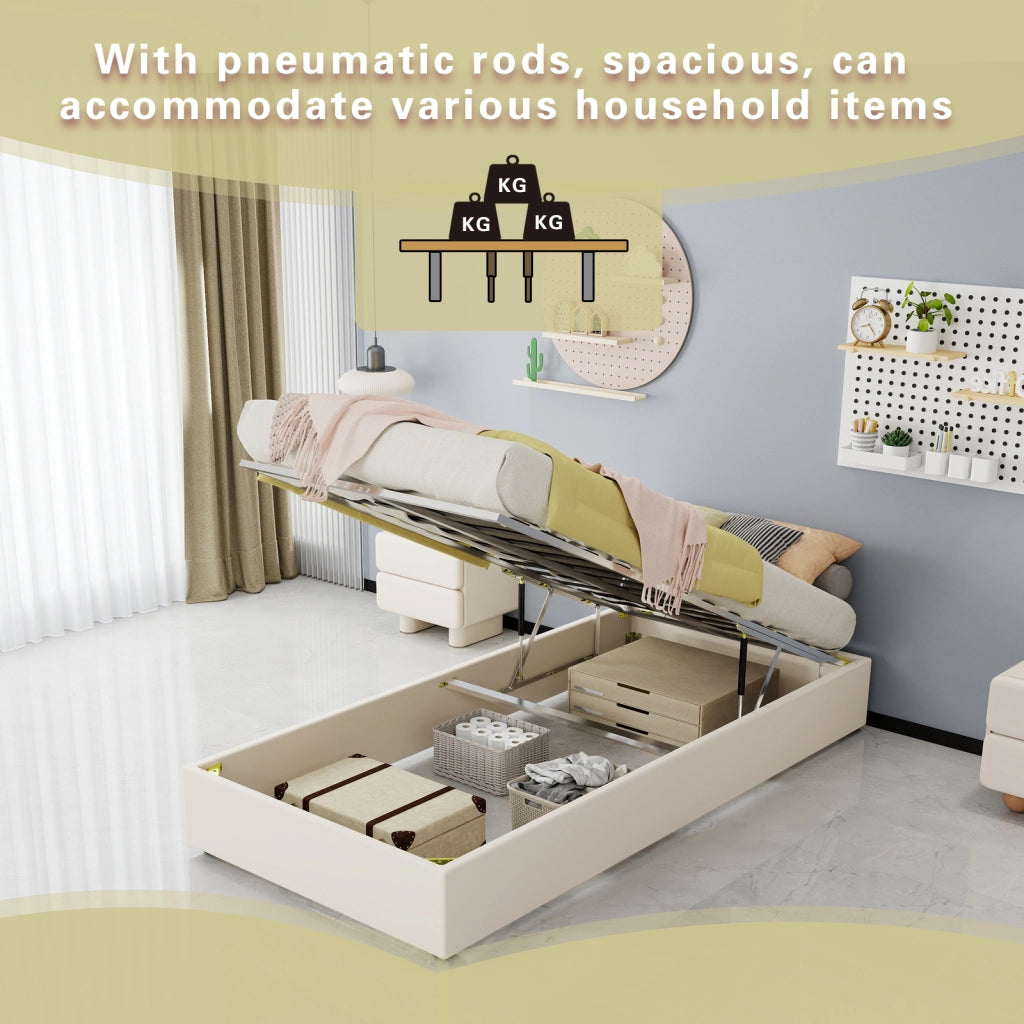 DESMIU Letto bambino 90 × 200 cm 1 posto con contenitore pneumatico e testiera fantasia, senza materasso, in tessuto e metallo beige