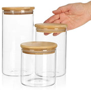 Set di contenitori per alimenti a 3 pezzi con coperchio in bambù - contenitori per alimenti con chiusura ermetica in vetro di borosilicato resistente - 0,6 l / 0,9 l / 1,2 l (03 pezzi - 600/900/1200 ml)