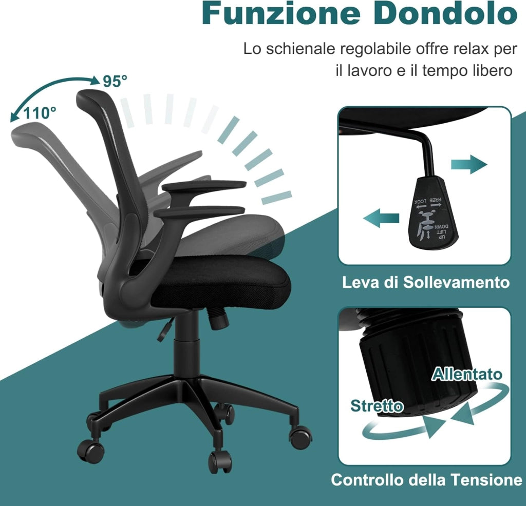 Sedia da Ufficio Ergonomica in Rete, Regolabile in Altezza e Schienale Regolabile, Braccioli Ribaltabili e Supporto Lombare, Sedia Girevole per Scrivania, per Ufficio, Portata 150 kg