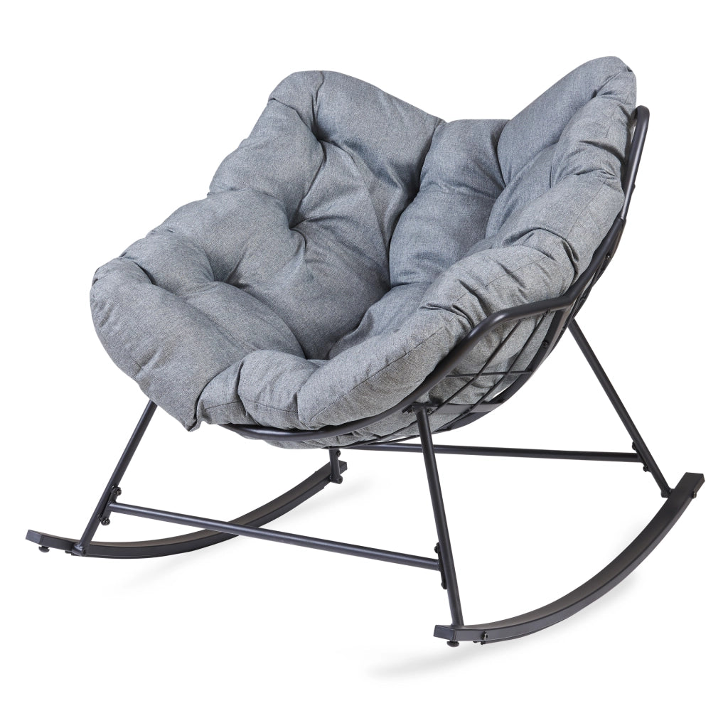 Sedia a Dondolo Villeneuve da Giardino con Cuscino Imbottito 85 x 90 x 91 cm - Nero / Grigio [en.casa]