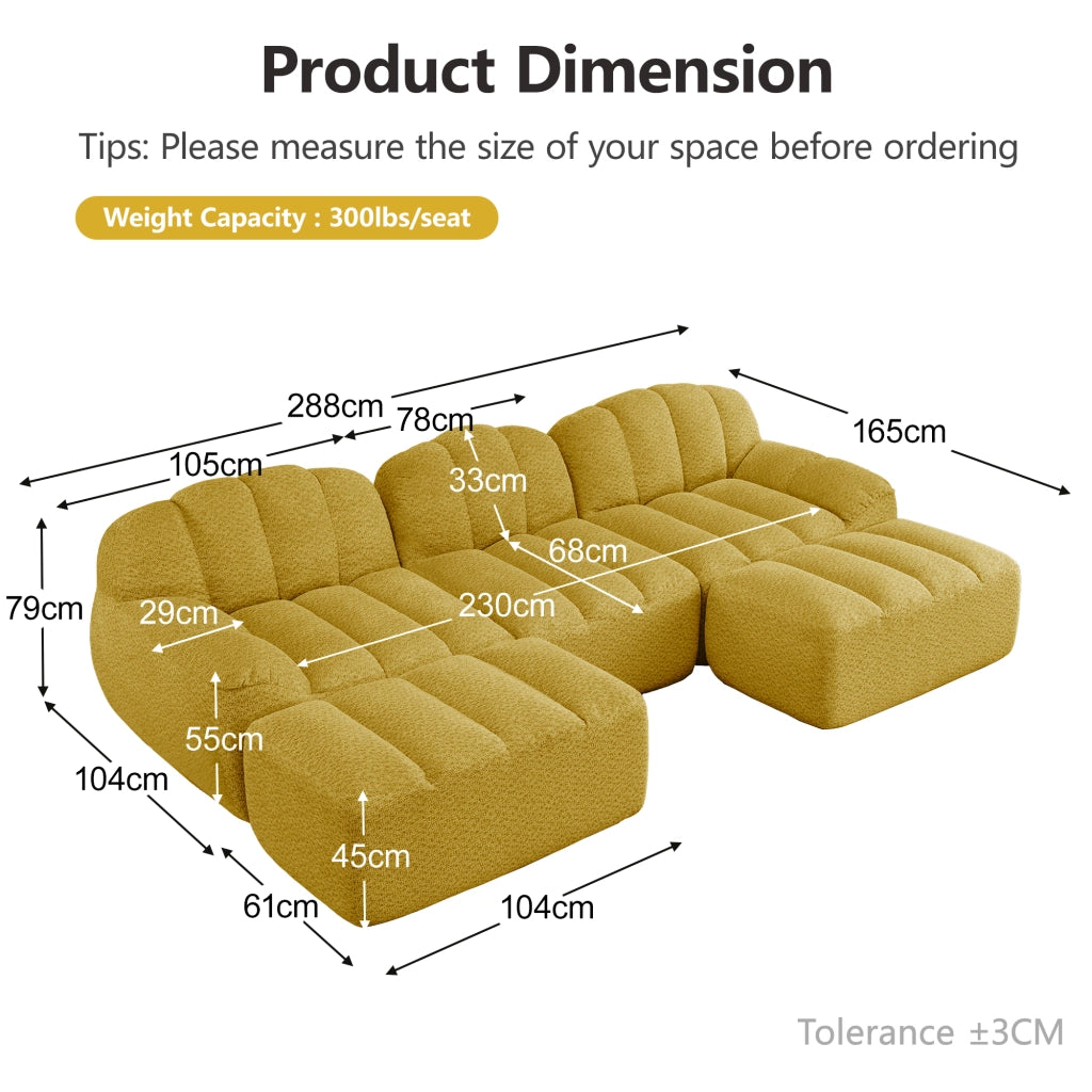 Divano modulare a 3 posti a forma di U con 2 pouf - Zephmum - Schiuma ad alta densit¨¤ 32D, seduta profonda, tessuto morbido, giallo