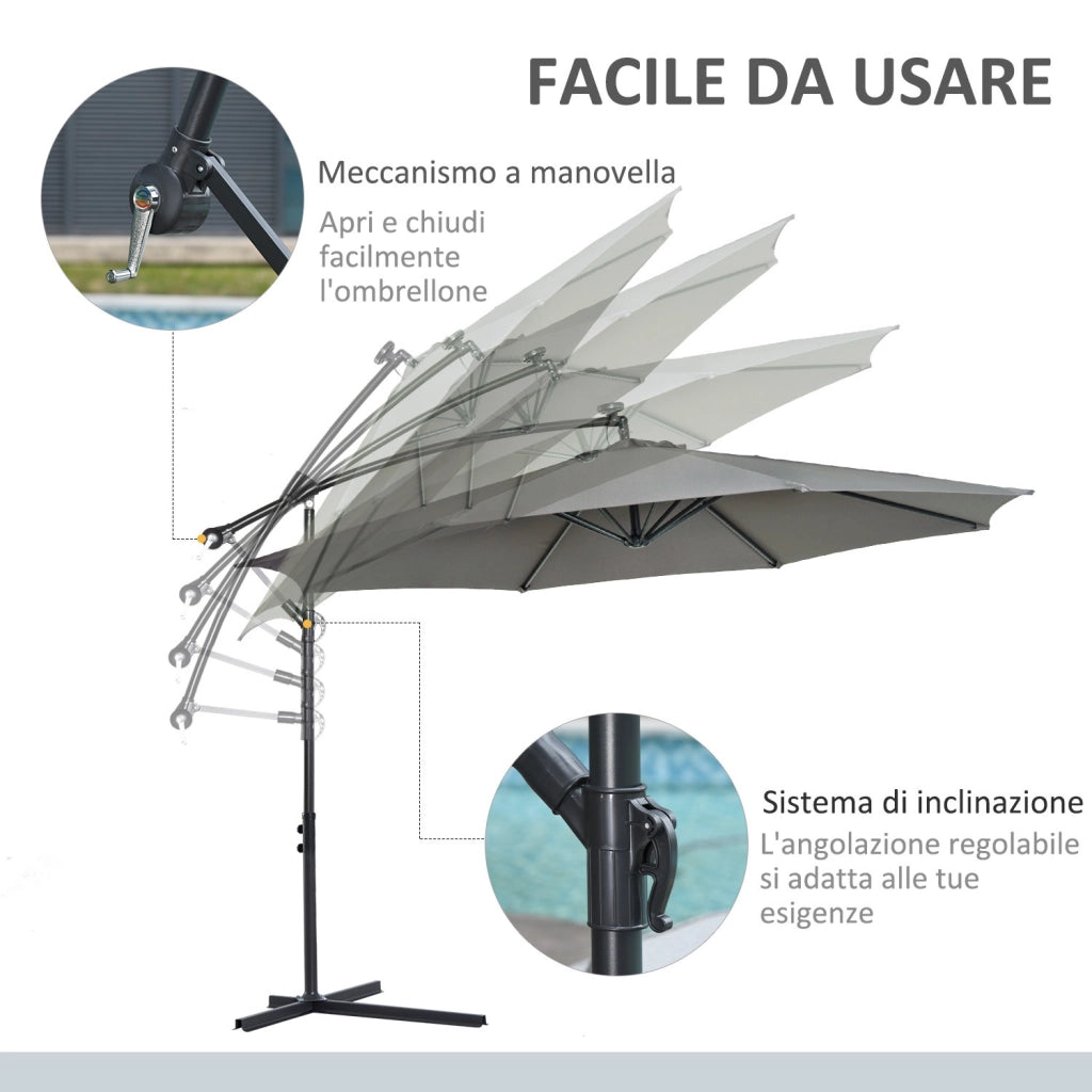 EasyComfort Ombrellone da Esterni 3x2.5 m Decentrato con Manovella, Struttura in Acciaio e Poliestere Anti-UV, Grigio