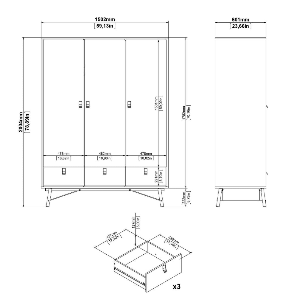 Guardaroba 3 ante Zerbo, Mobile camera da letto, Cabina armadio portabiti, Armadio appendiabiti, 150x60 h200 cm, Rovere