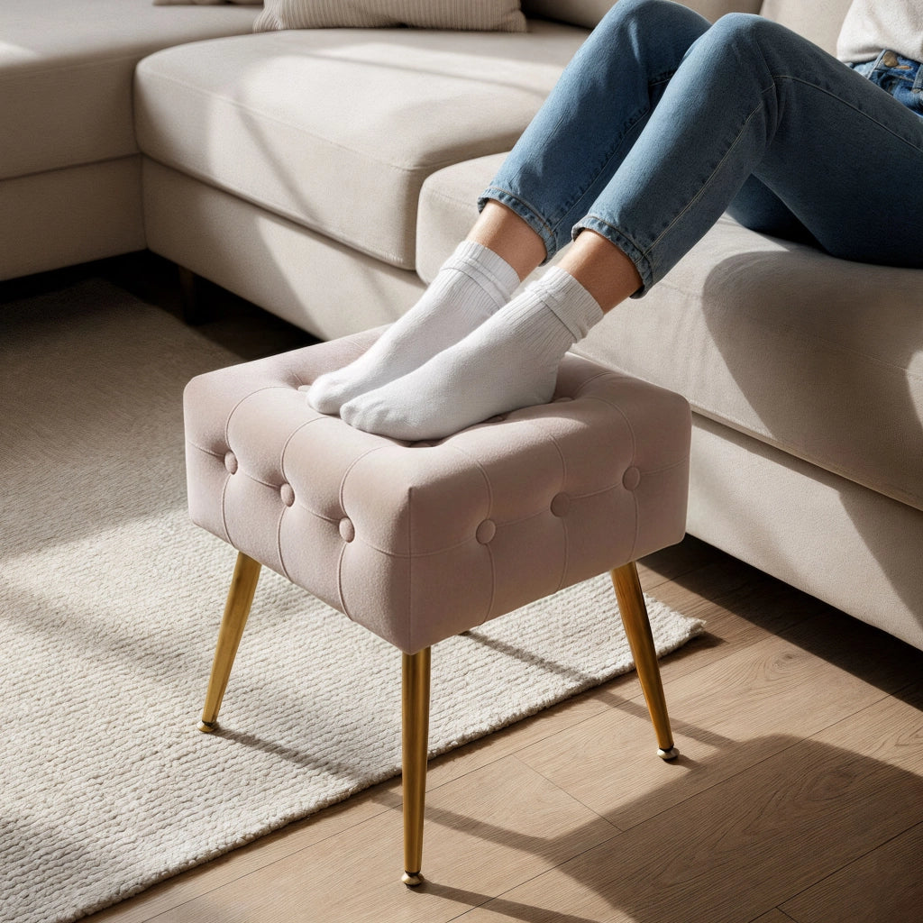 Pouf sgabello in velluto trapuntato 40 cm QUADRA Rosa Cipria
