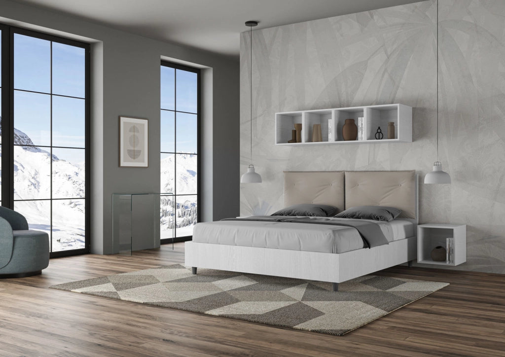 BS COM Letto matrimoniale contenitore 160x190 bianco frassino cuscini similpelle tortora
