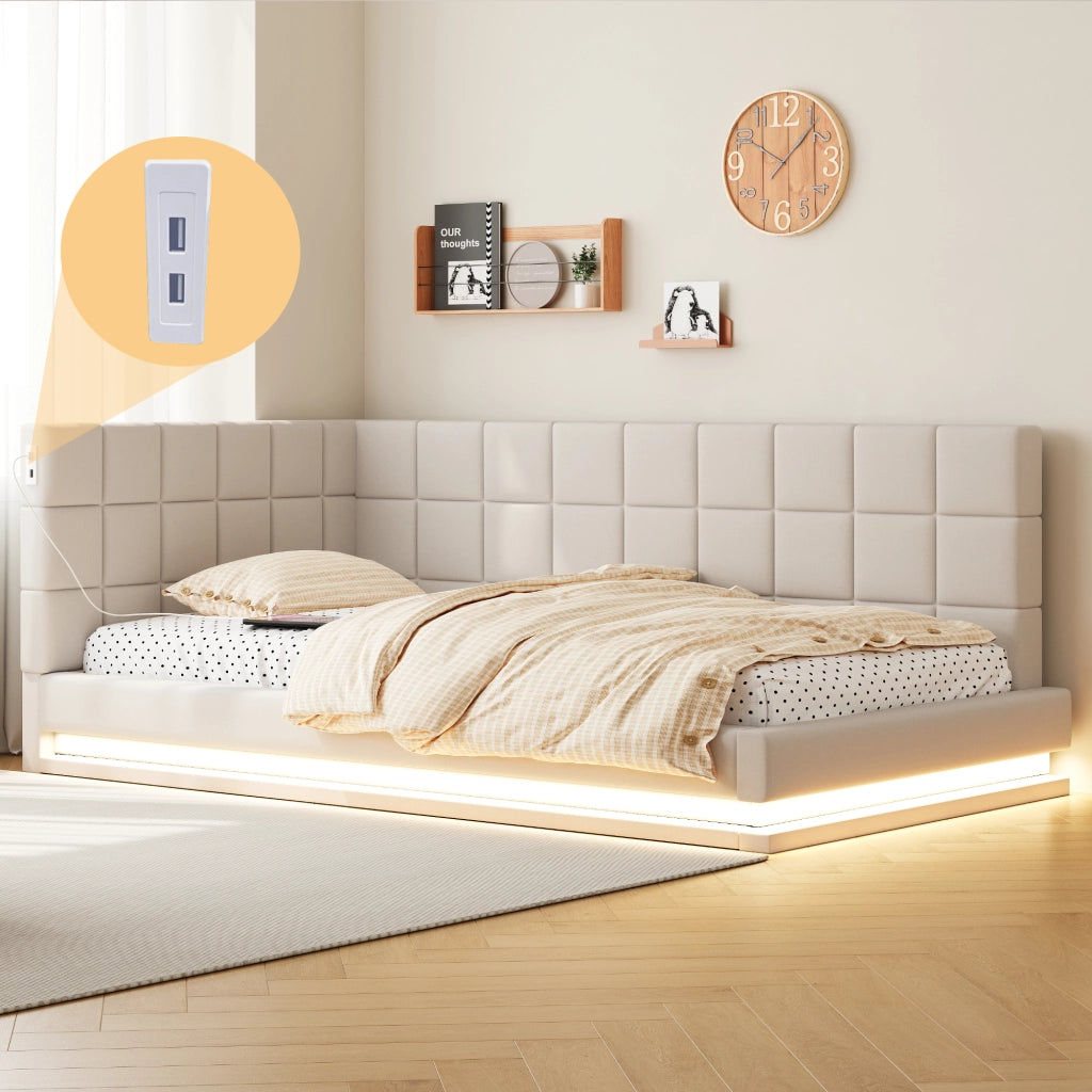 LETTO imbottito trasformabile 90x200 cm Beige con LED e USB