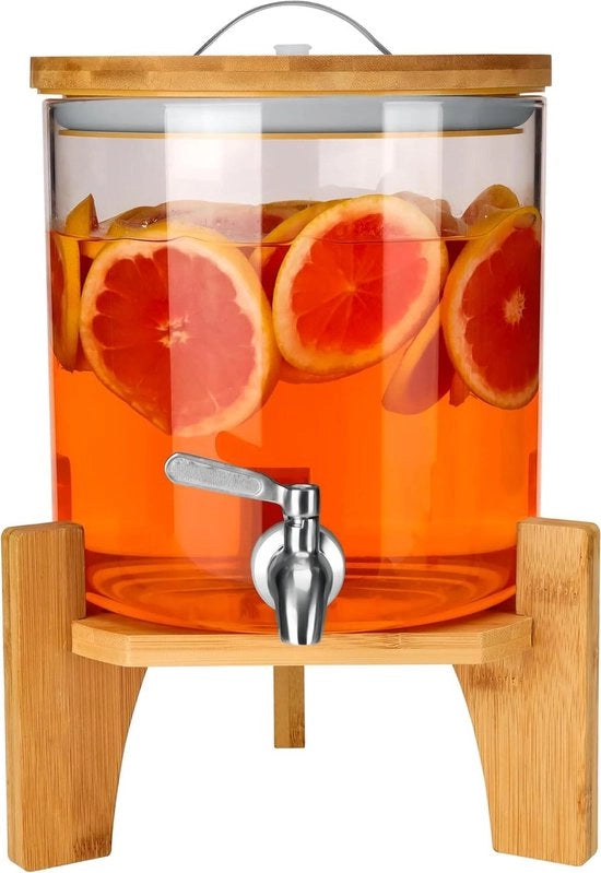 Dispensatore di Bevande in Vetro con Rubinetto in Acciaio Inossidabile e Supporto in Bambù - 5 litri/1,3 galloni Dispensatore di Bevande Fredda per Acqua, Succo, Limonata e Feste.