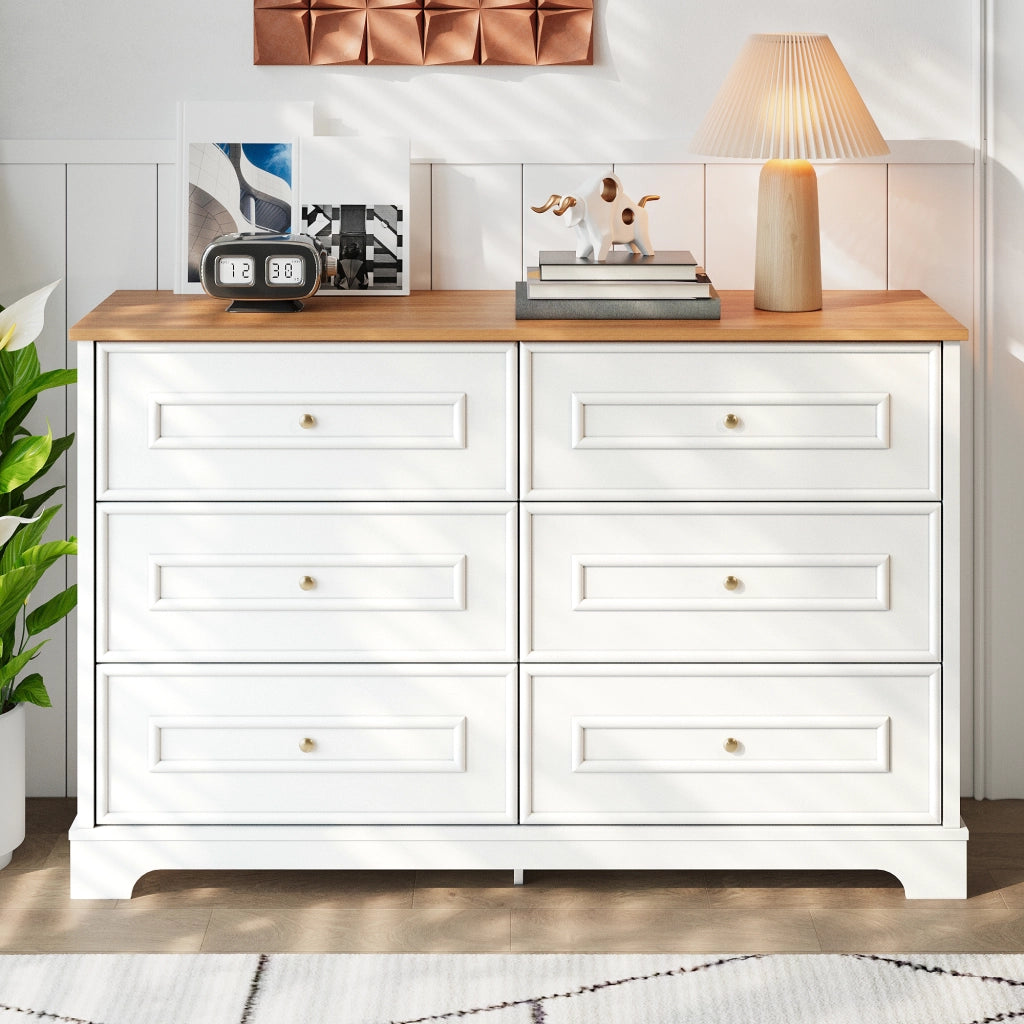 Credenza con 6 cassetti e piano espositivo in MDF e pannello truciolare bianca e naturale 120 × 40 × 76 cm