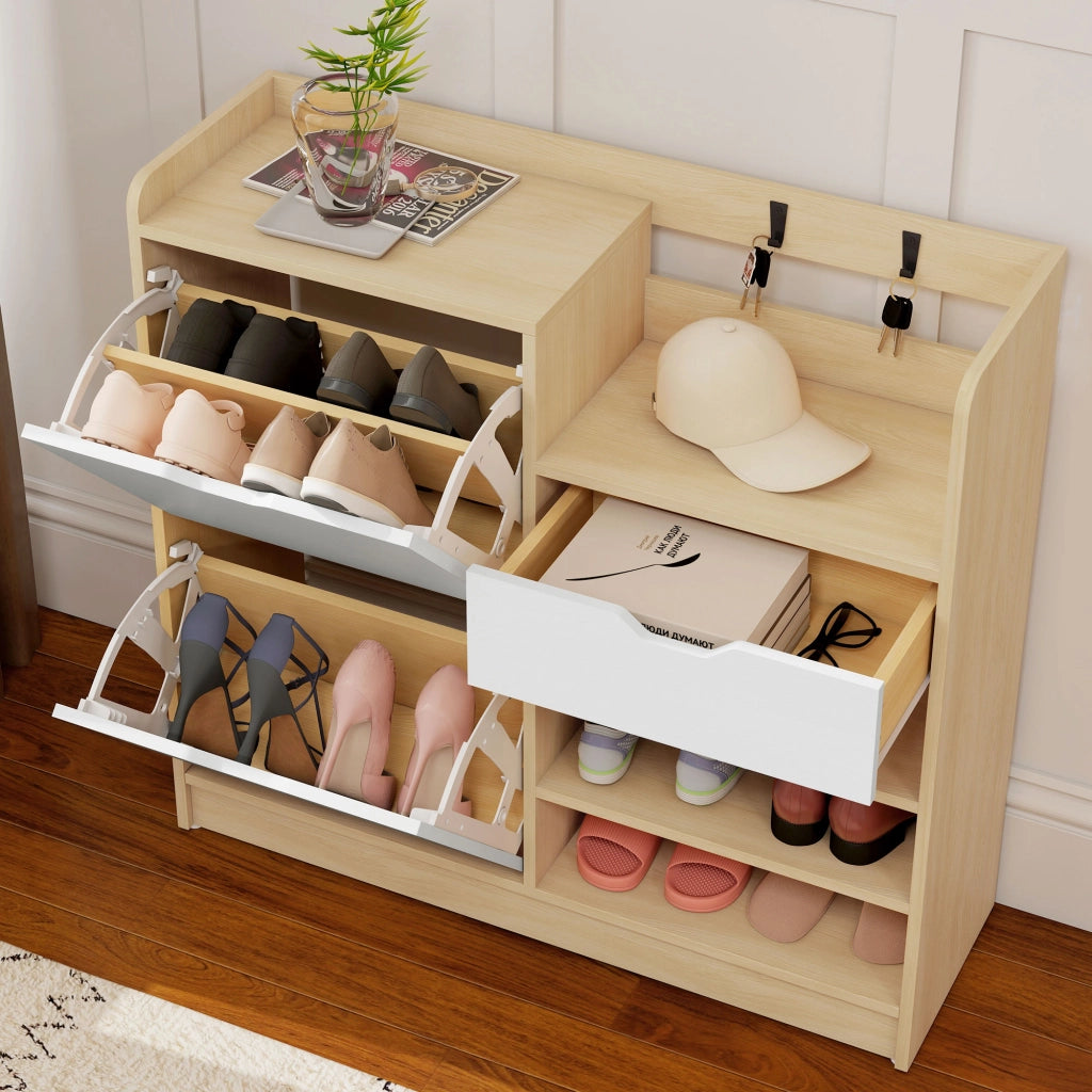 Scarpiera con cassetti e appendiabiti ¨C zephmum ¨C bianco e naturale, 4 ganci per 14 paia di scarpe