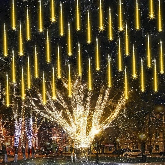 Illuminazione natalizia - Set da 4 con 8 tubi - Stelle cadenti - Meteoriti - Estendibile fino a 3 pezzi - Lunghezza 4 metri - Lunghezza tubo 30 cm - 230v - In- e outdoor - Luce gialla - IP44 Resistente all'acqua