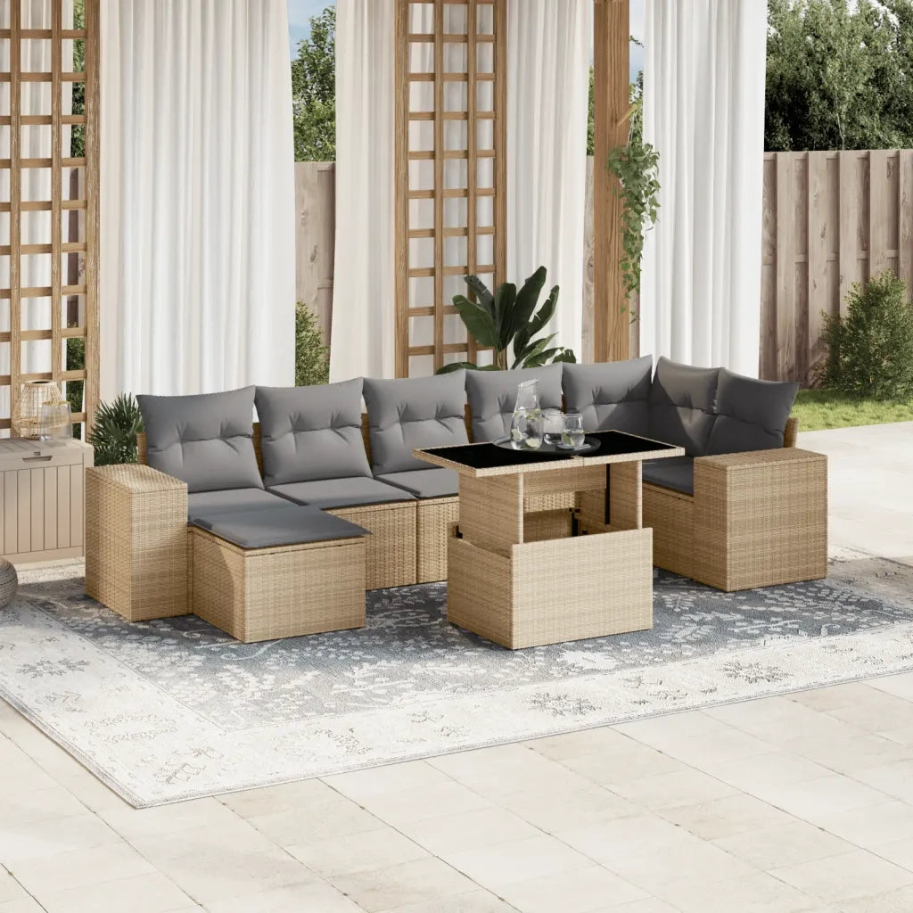Set Divano da Giardino 8 pz con Cuscini Beige in Polyrattan