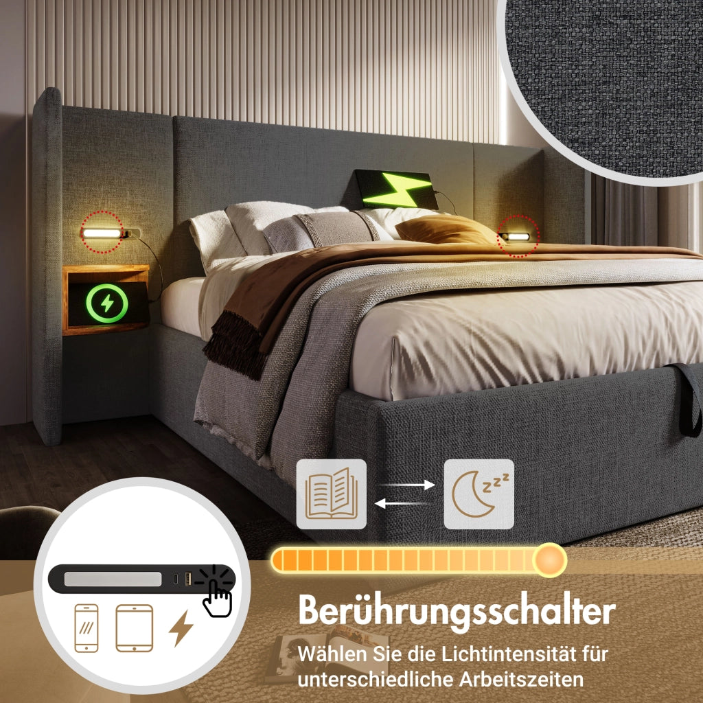 DESMIU Letto Contenitore Letto Matrimoniale 180 × 200 cm con ripiani, USB, Type-C e lampada da lettura, senza materasso