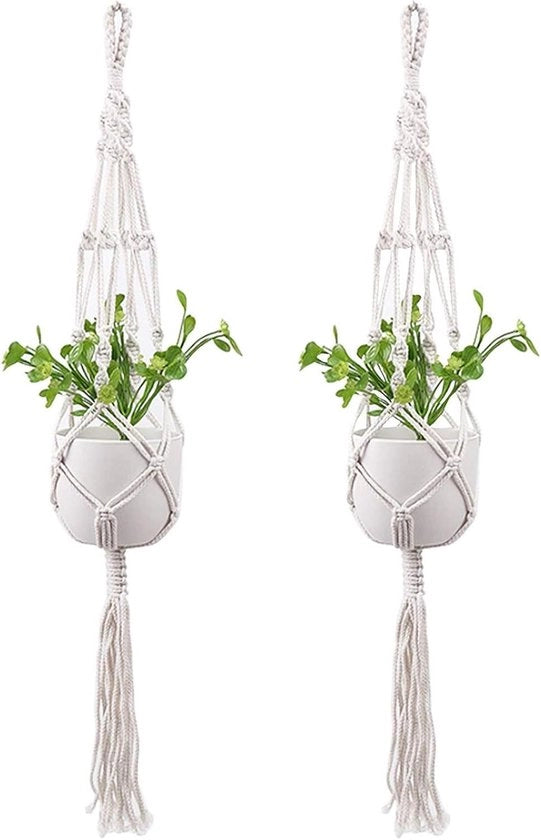 Due corde da macramè per appendi piante - Borsa da appendere per vaso di fiori in cotone per interni esterni - Decorazione per la casa (105cm/41 pollici Bianco)