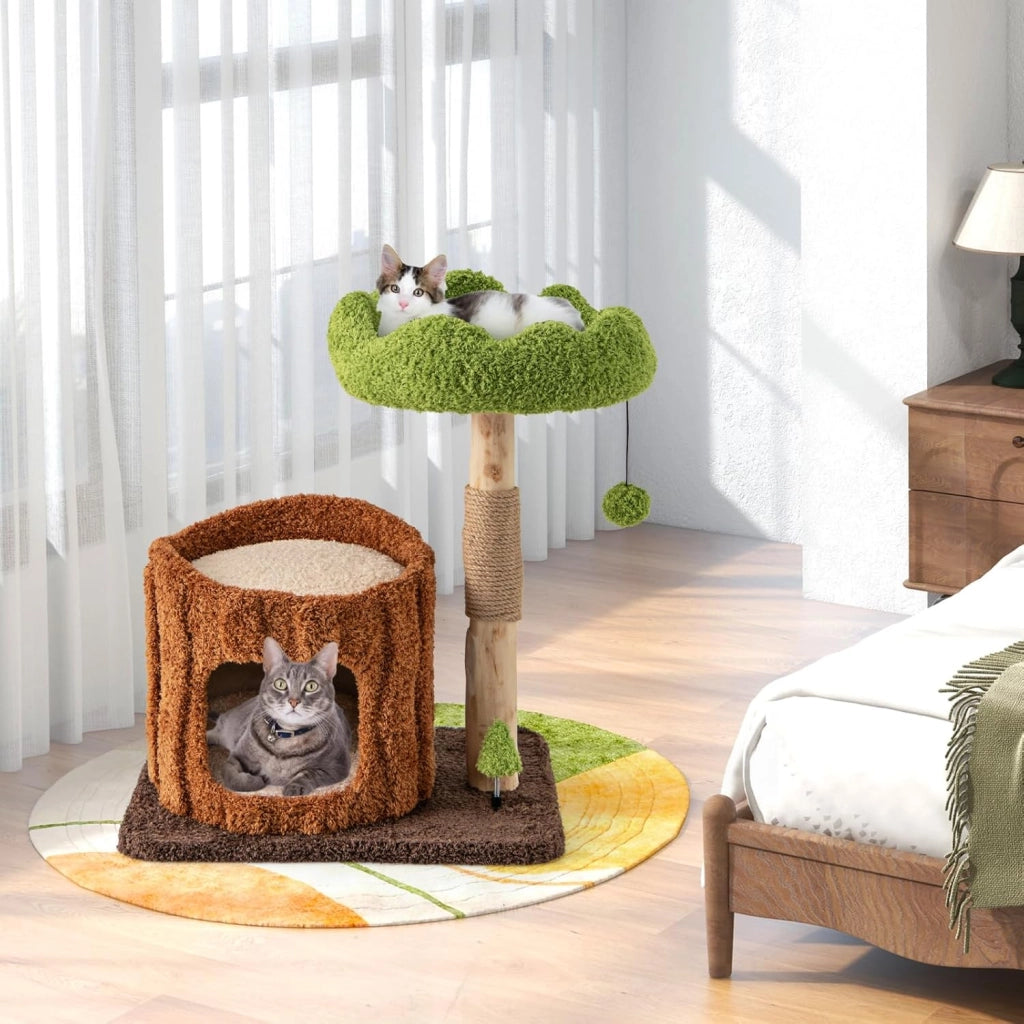Tiragraffi a Forma di Albero per Gatti 73cm, Albero per Animali Domestici con Pali per Graffiare, Trespolo Superiore e Piattaforma Rotonda Ampia, Torre Moderno Interno, Marrone e Verde
