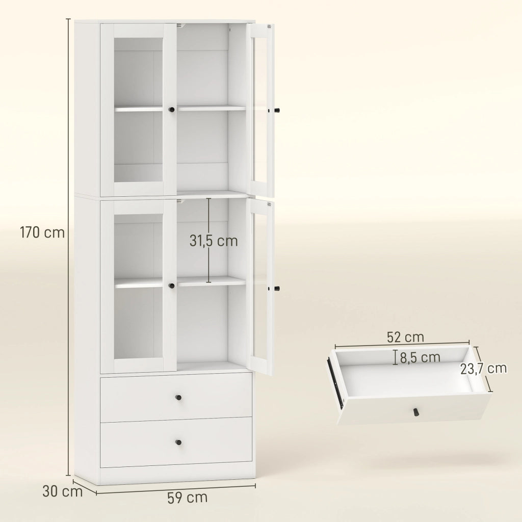 Mobile cucina con ante vetro ¨C Xylo ¨C 4 porte 2 cassetti ripiani regolabili bianco 59x30x170cm