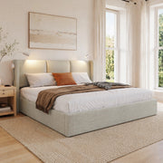 LETTO imbottito 140x200 cm in lino beige con lampada da lettura e USB