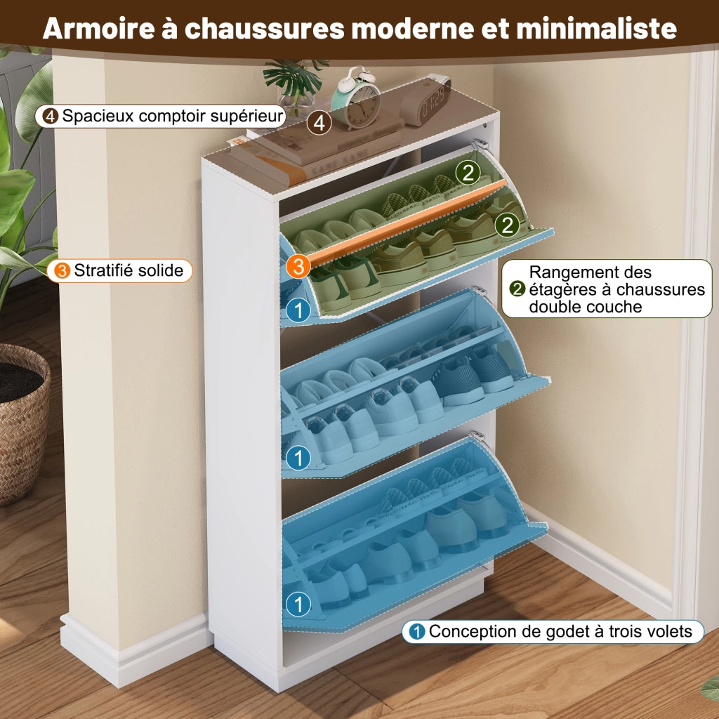 Scarpiera con 3 Ribalte e Specchio Rotondo per Ingresso in MDF 63×24×120 cm Bianca