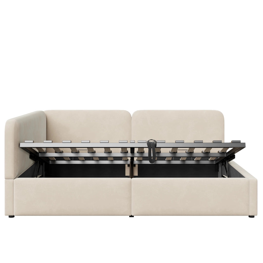Letto divano contenitore 140 × 200 cm con vano idraulico, testiera reversibile, senza materasso, beige