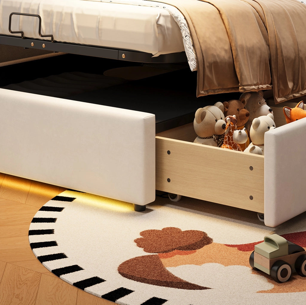 Letto imbottito con contenitore, 3 cassetti e LED 90x200 cm beige