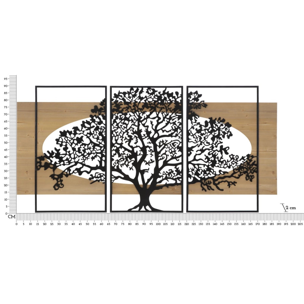 Pannello da muro Tree Albero della Vita in ferro e legno, set 3 pezzi 176x90 cm