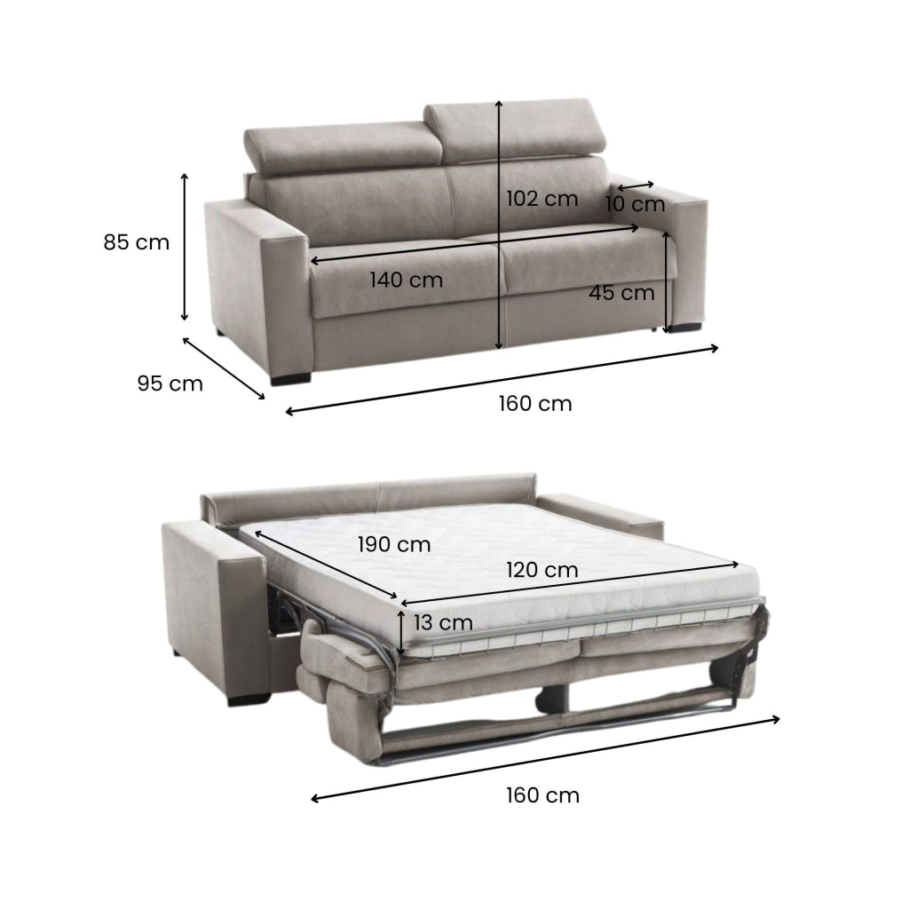 Divano Letto Alinia, Divano a 2 posti, Made in Italy, Sofà\  Soggiorno con apertura girevole, con poggiatesta regolabili e Braccioli slim, cm 160x95h85, Tortora
