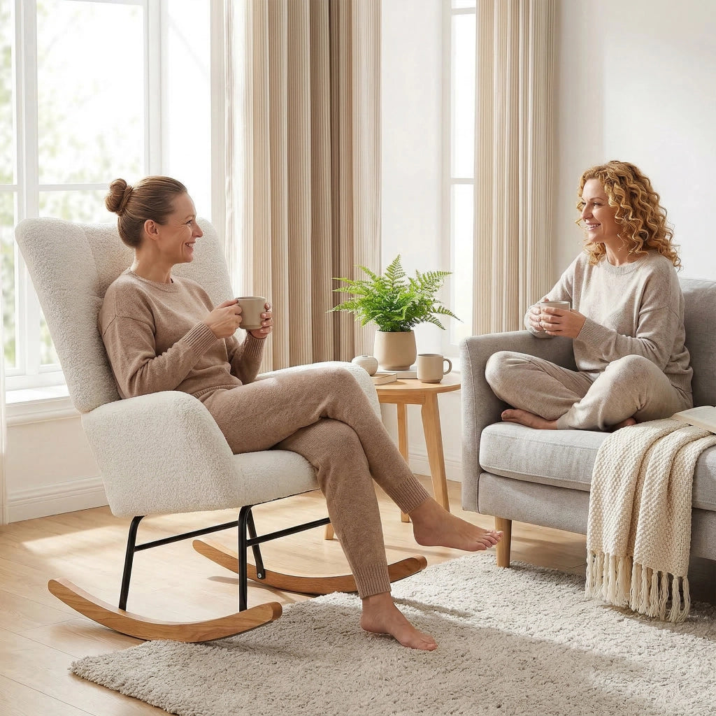 Poltrona a Dondolo ¨C Minimal ¨C Tessuto Imbottito Crema