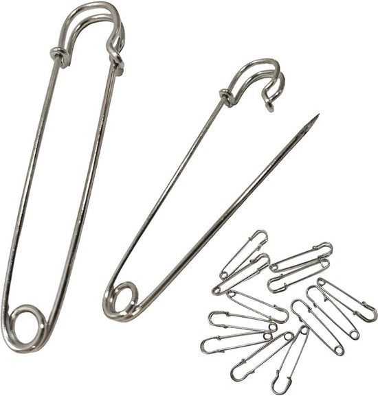 Spille per abbigliamento e accessori - Spille grandi 75 mm (25 pezzi, argento)