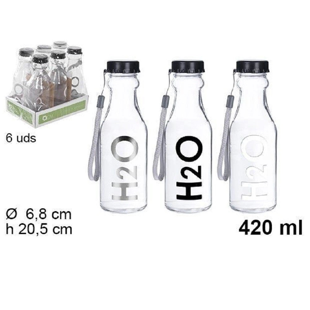 Trade Shop - Set 6 Pz Bottiglia D'acqua H2o Vetro Trasparente 420ml Borraccia Laccetto 109286 -