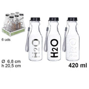 Trade Shop - Set 6 Pz Bottiglia D'acqua H2o Vetro Trasparente 420ml Borraccia Laccetto 109286 -
