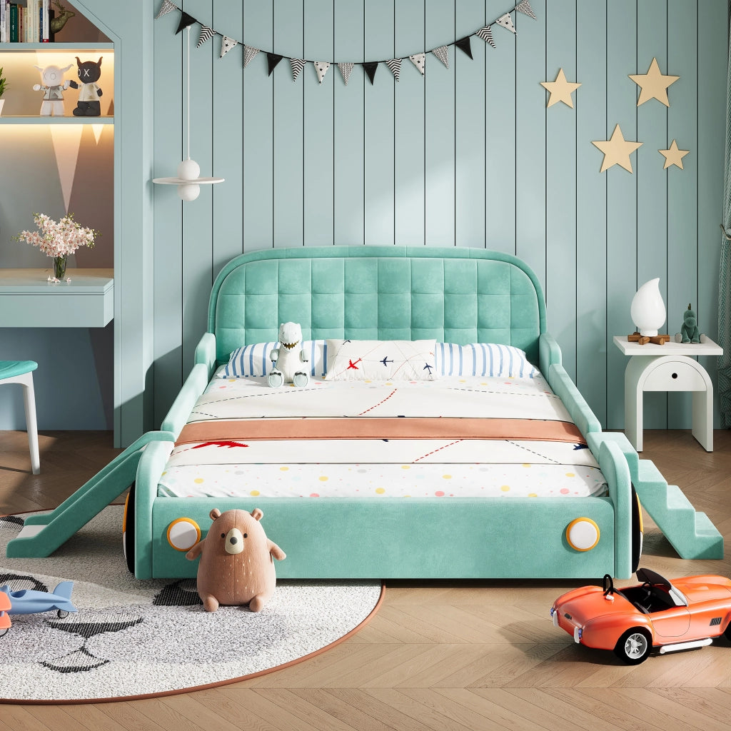 LETTO per bambini a forma di auto con scivolo e scala 140x200 cm velluto blu-verde