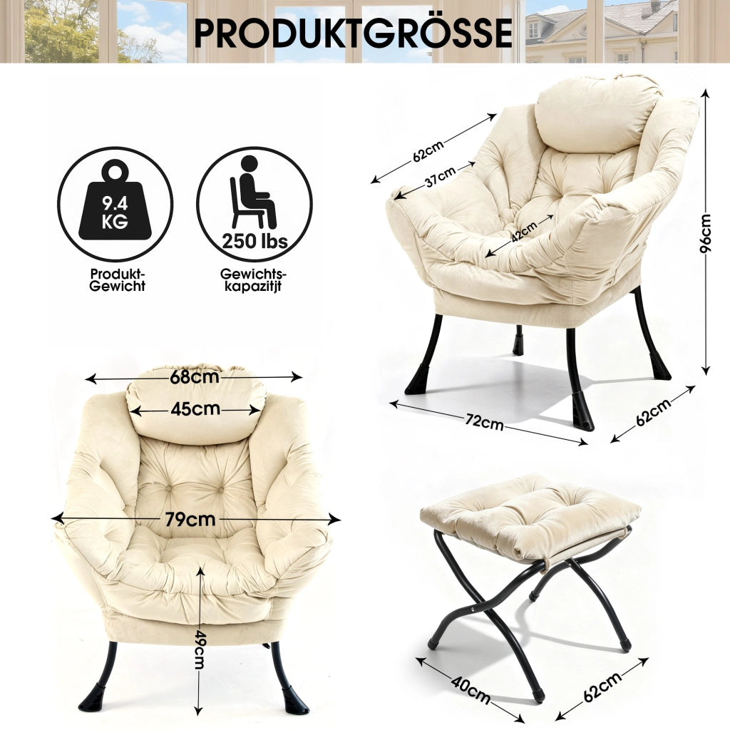 Poltrona relax con poggiapiedi; tasca laterale e braccioli in tessuto beige con struttura in metallo