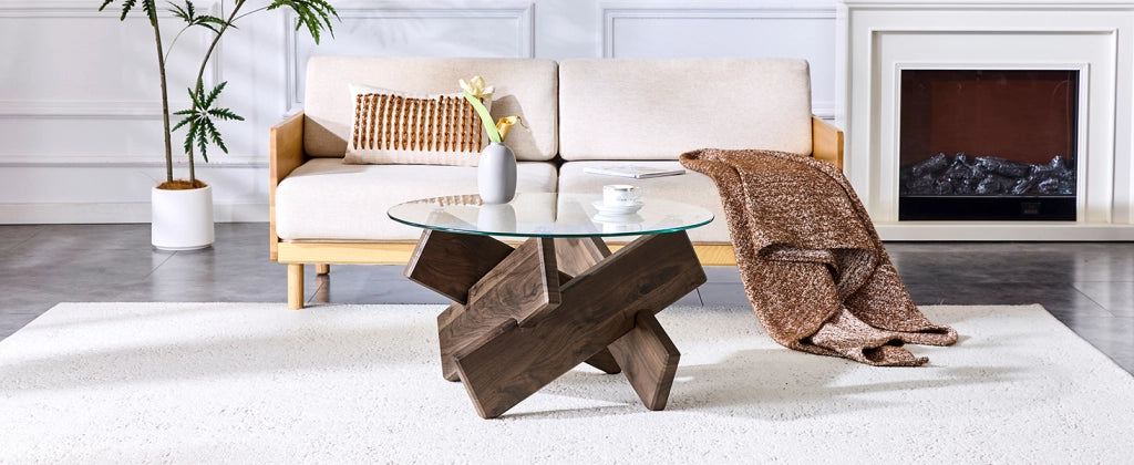 Tavolino rotondo in MDF e vetro multicolore opzionale: gambe di supporto in legno di noce scuro, semplici ed eleganti. Diametro 79 cm, piano in vetro