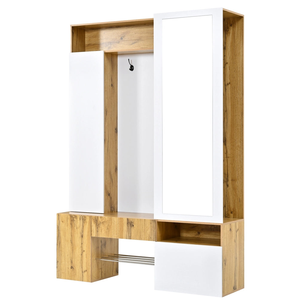Garderobiera ingresso con specchio; scarpiera e appendiabiti in MDF 127x35x180;5 cm; bianco/naturale