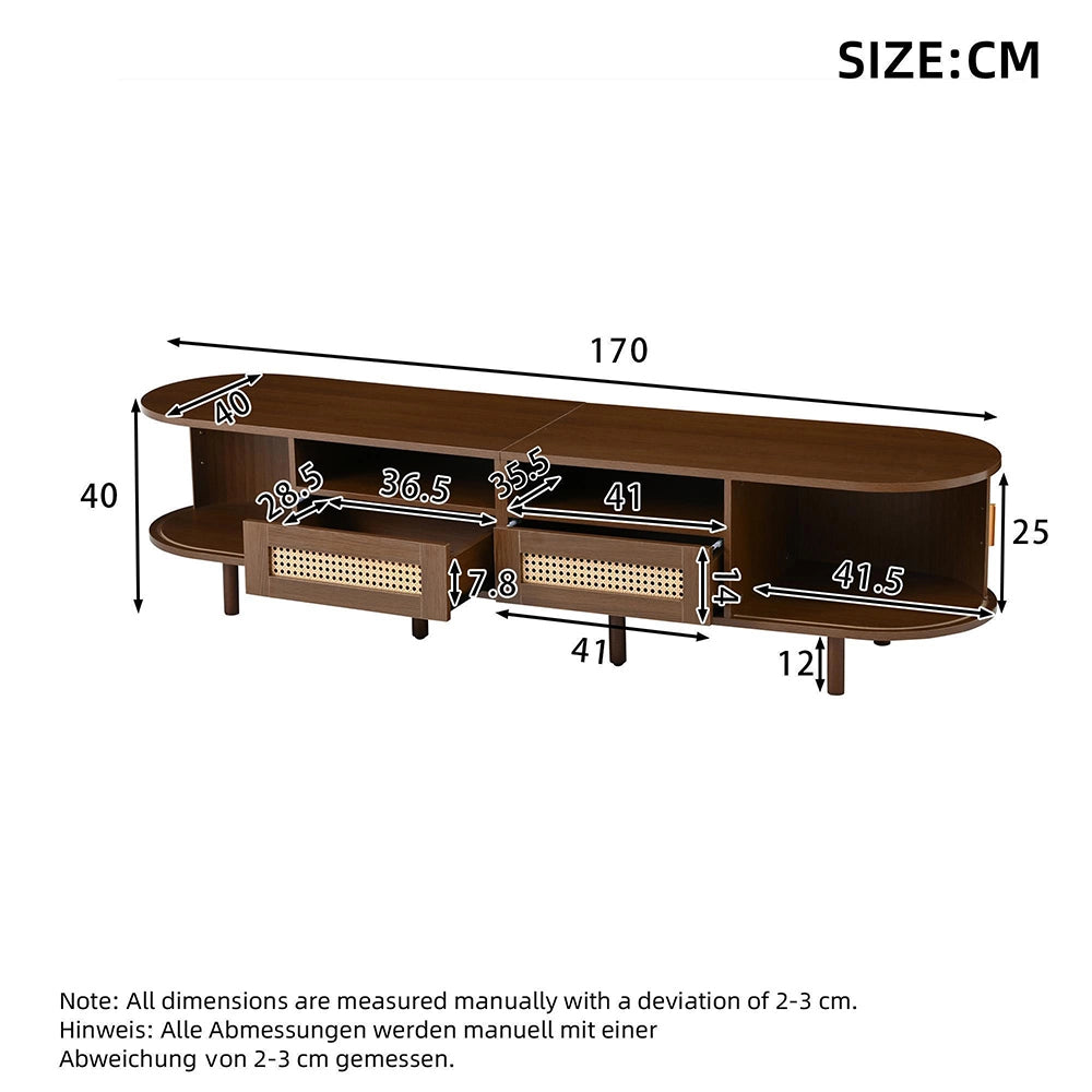 Mobile TV Ovale 170x40x40cm - Xylo - 2 Cassetti in Vimini, 2 Ante Scorrevoli, Noce
