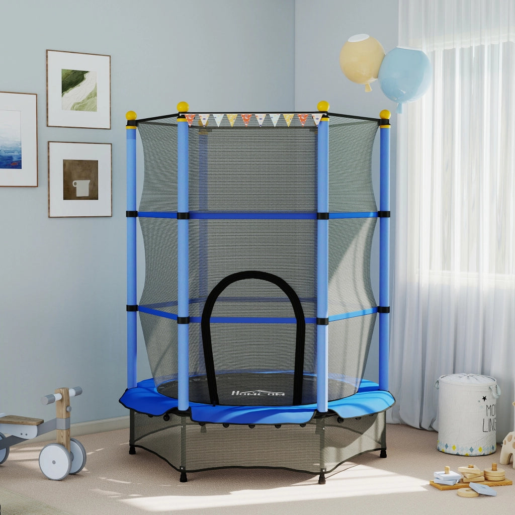 Tappeto Elastico per Bambini con Rete di Sicurezza e Pali Imbottiti Et¨¤ 3-10 Anni, ?140 x 190 cm, Blu
