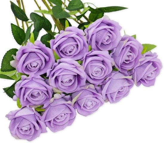 Fiori artificiali di rosa 12 pezzi - Boccioli di rosa realistici - Busto di fiori artificiali - Foglie verde - Decorativo per casa - 52 cm alto - Fiori di rosa artificiali