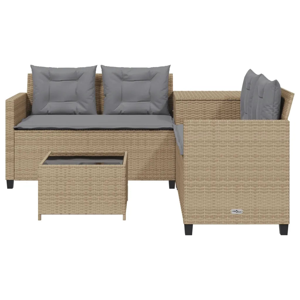Divano da Giardino con Tavolo e Cuscini a L Beige in Polyrattan 369030