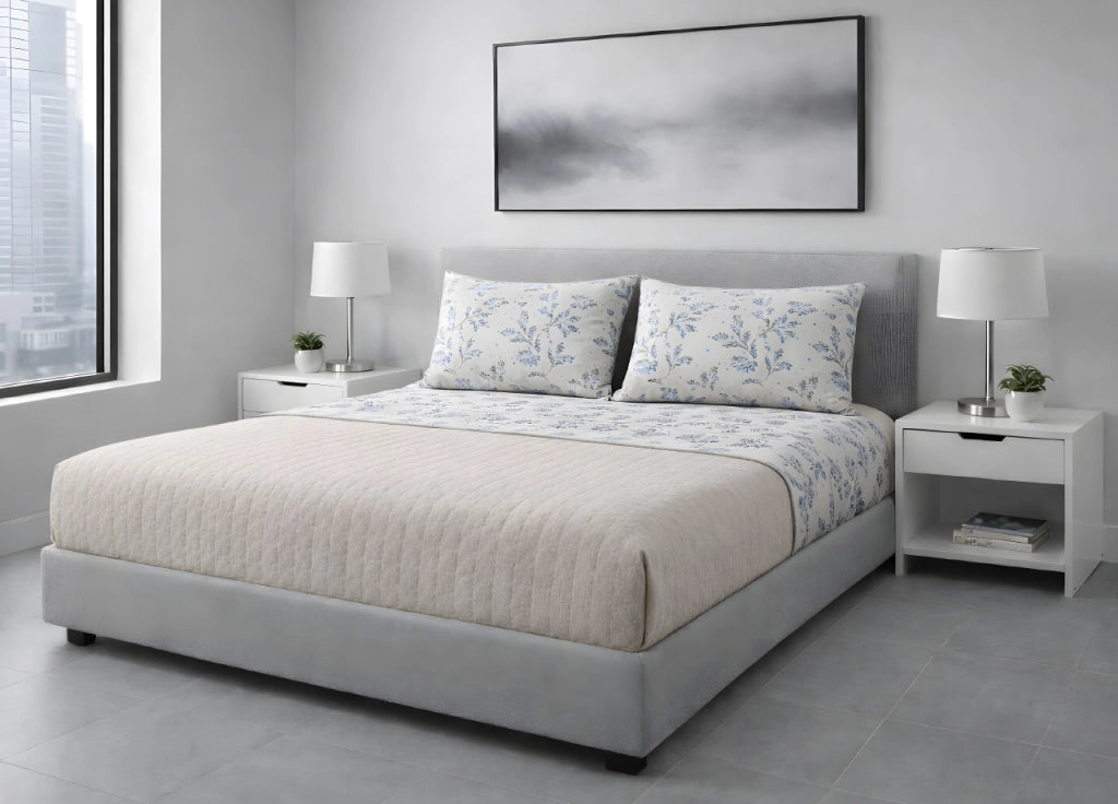 Completo Lenzuola Letto 100% Cotone Made In Italy Disegno Sambuco - Singolo - Lavanda