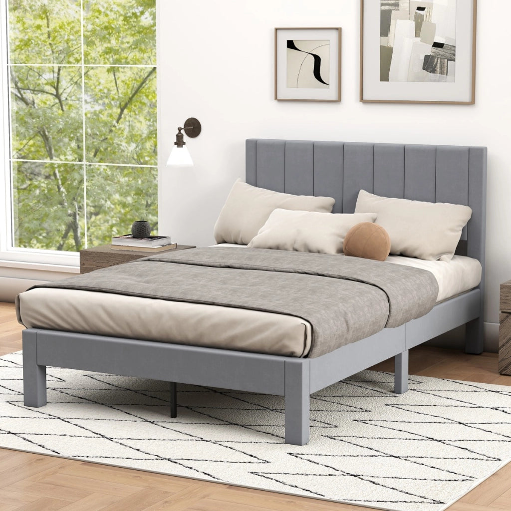 Struttura letto matrimoniale 200x140 CM con testiera in velluto morbido e supporto doghe-Letto piattaforma imbottito Grigio