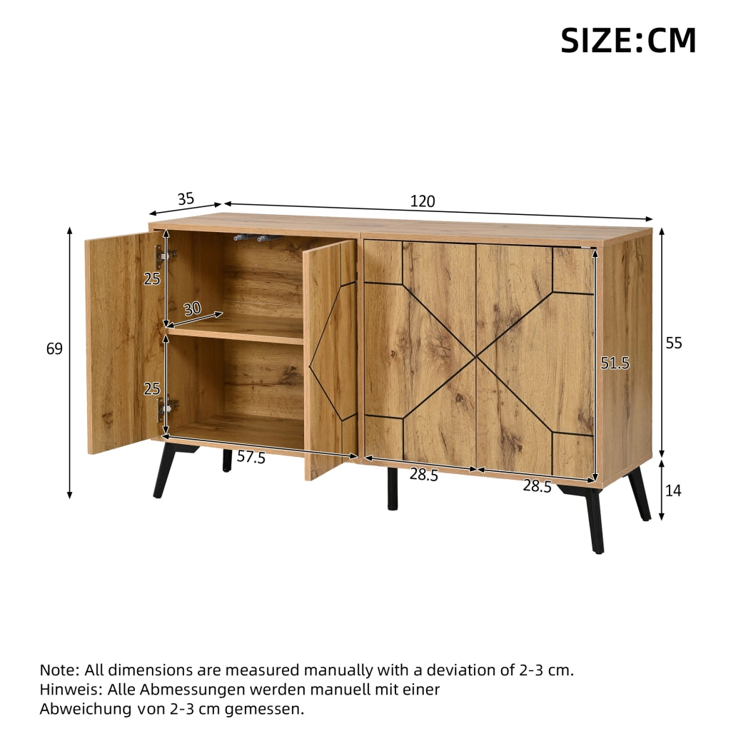 Madia con 4 ante a pressione e 4 scomparti; per soggiorno o cucina; colore naturale; 120 × 35 × 69 cm