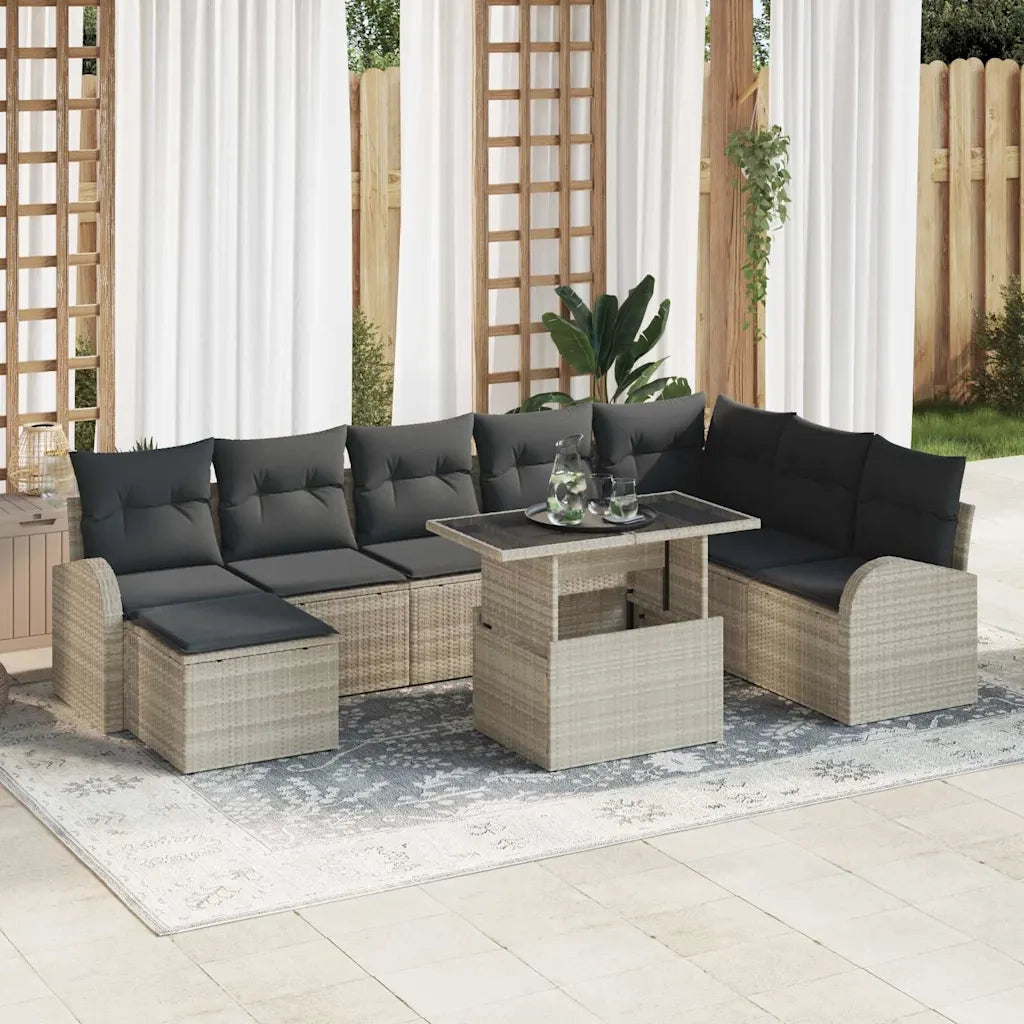 Set Divano da Giardino 9 pcs Grigio chiaro Poly Rattan