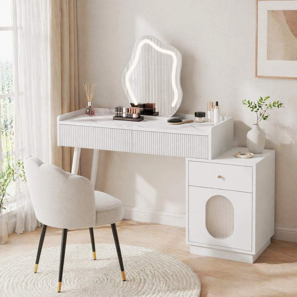 TOELETTA con LED e specchio, 100x75x40 cm, bianco, 2 cassetti